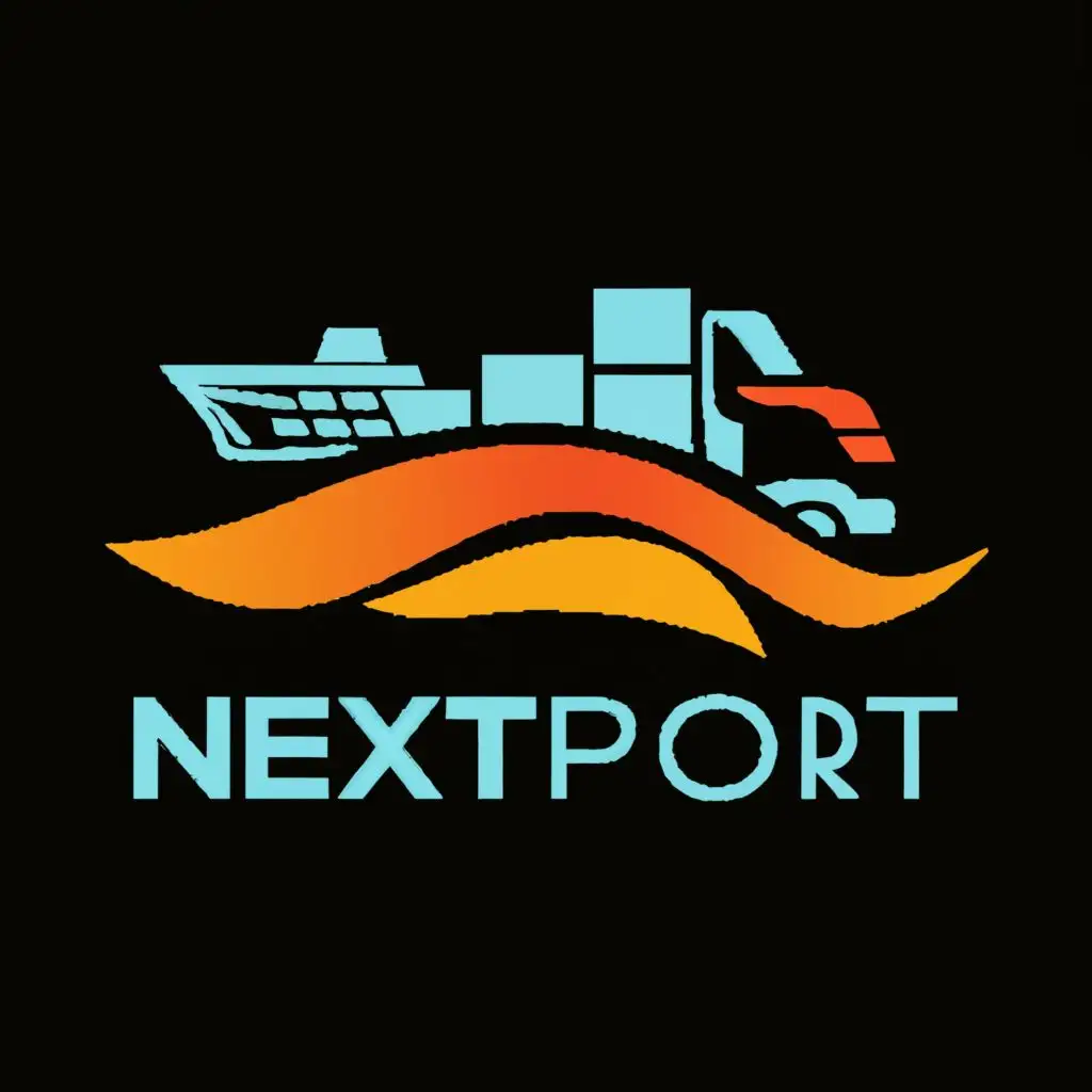 logo, WAVE, CARGOSHIP, FLIGHT AND TRUCK., with the text "NEXTPORT, RED AND BLACK COLOUR, waves in blue color", typography