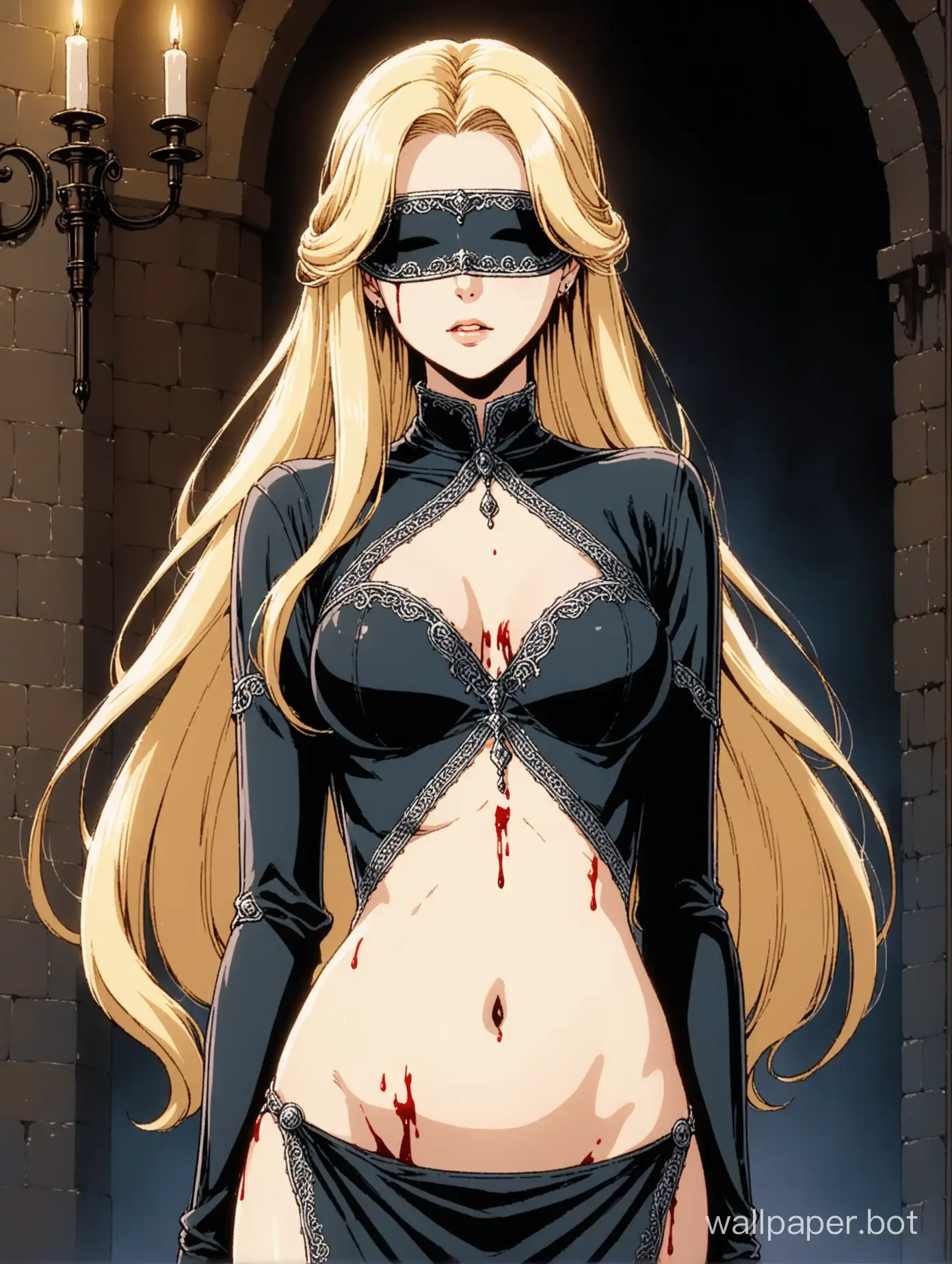 a young and attractive white woman, she has long wavy white-blonde hair, standing regally, elegant and slender, thin sharp face, wearing an ornate metal blindfold, bleeding from underneath her blindfold, blood drippoing down her cheeks, wearing a sheer thin dark grey skintight dress, small diamond-shaped navel cutout, her stomach is exposed, wearing a navel piercing, decorative stitching, medieval elegance, 1980s retro anime