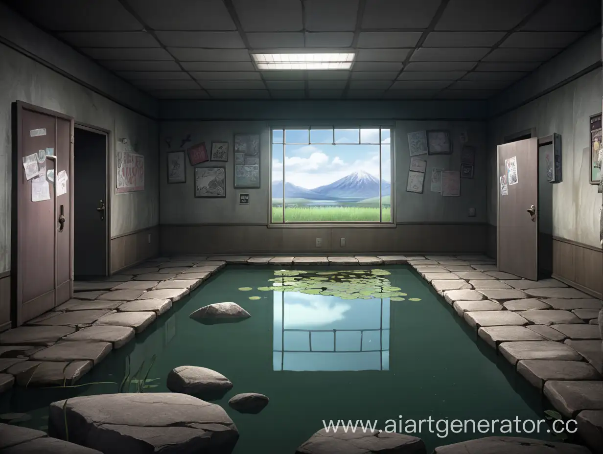 room in which the walls are made of metal. The room is abandoned. There are no windows or doors in the room. at the end of the room there is a very small pond, which is surrounded by rocks. In the Danganronpa anime style.