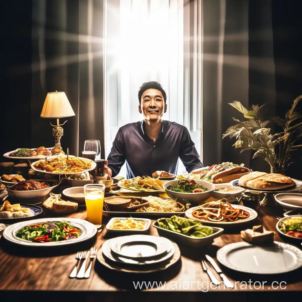 A man sitting behind a 20-meter dining table that God's light shines on him, full of all kinds of delicious food and drinks that God has given him as a gift.