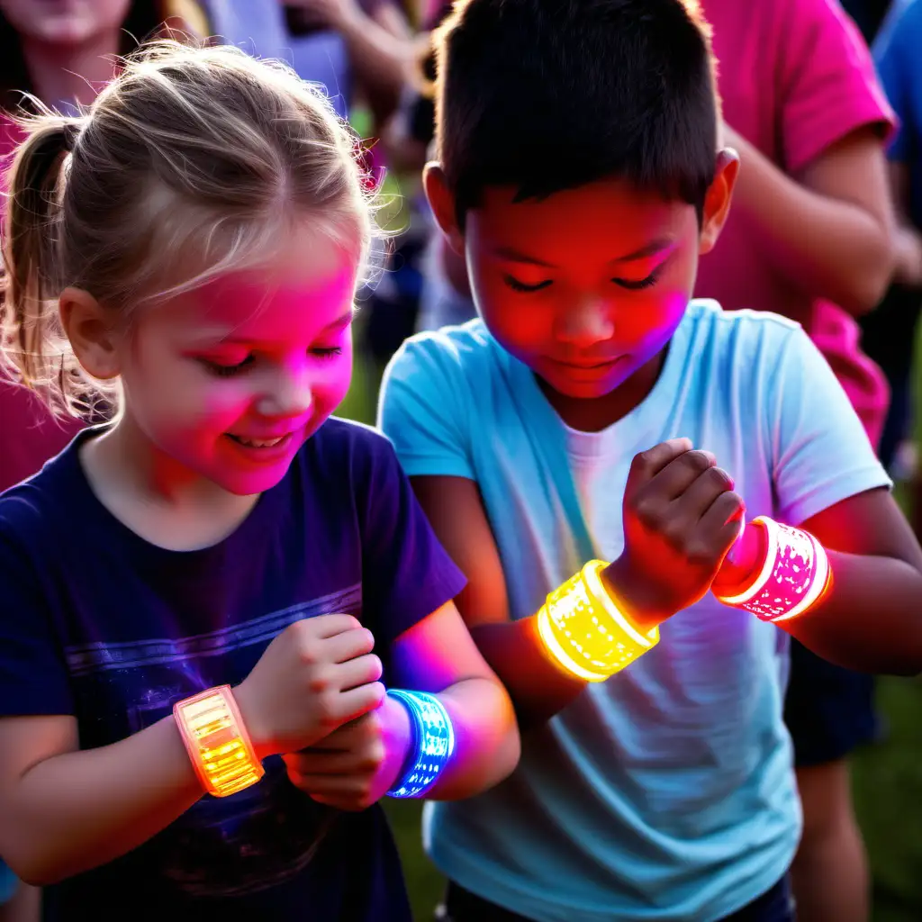 A kids festival with kids wearing a wrist band that lights up depending on the sound level. 
