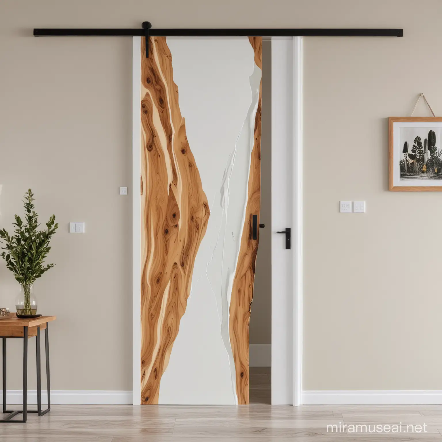 Modern White Epoxy Sliding Door with Olive Wood Accent