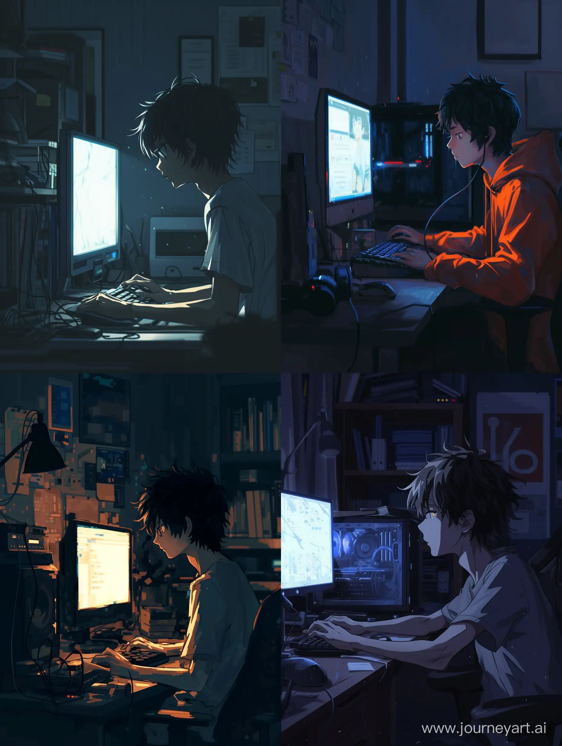 anime style, boy 16 years old and computer, dark room.