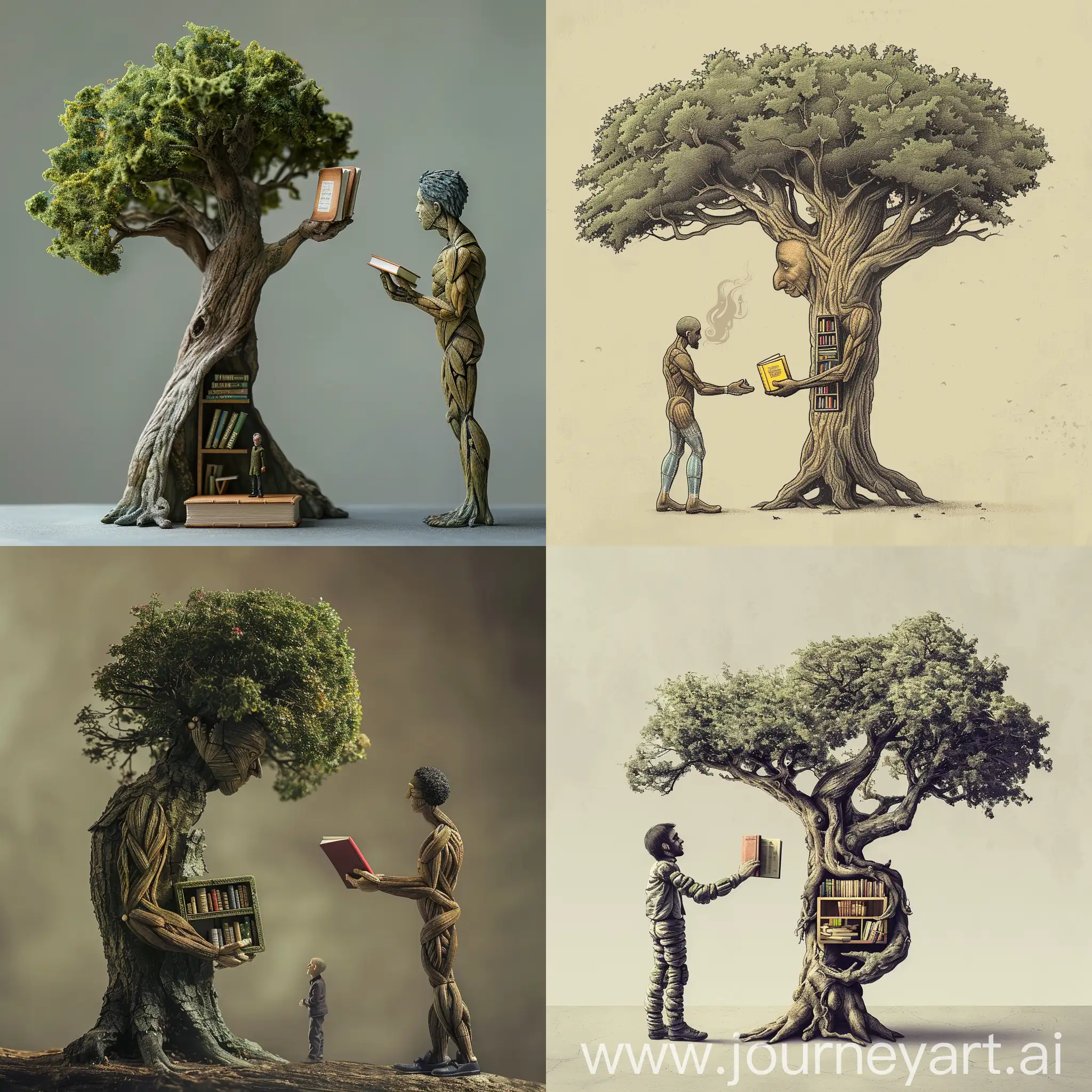 a tree whit human posture, handing a book to human , it has a little book shelf in its chest