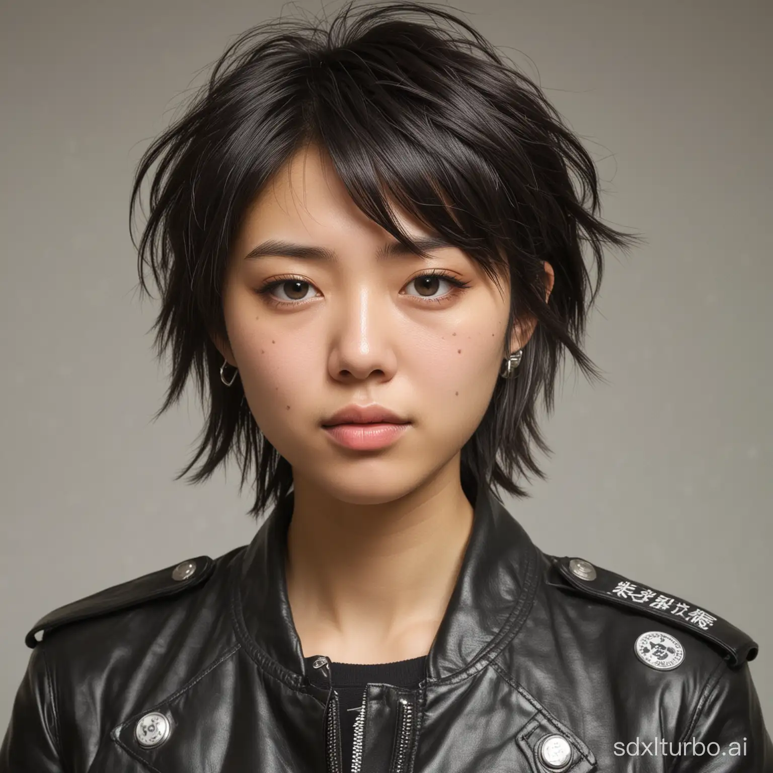 Cleate image Portrait of a young Japanese woman with a short, tousled hairstyle, wearing a leather jacket with punk badges.	looking at viewer,Japanese beauty woman close-up photos of realistic real people taken before the age of 25,ultra-detailed face	not worst quality,not ugly,not bad anatomy,not jpeg artifacts,not bad hands,not missing limb,not ugly face,not bad face,not missing_limb,not sketch,not oil painting,not watercolor,not monochrome,not flat color,not flat shading,not retro style,not ink,not multiple people,not male ,not extra digit,not Many arms,not Too many legs, not worst quality,not ugly,not bad anatomy,not jpeg artifacts,not bad hands,not missing limb,not ugly face,not bad face,not missing_limb,not sketch,not oil painting,not watercolor,not monochrome,not flat color,not flat shading,not retro style,not ink,not multiple people,not male ,not extra digit,not Many arms,not Too many legs,not long hair,