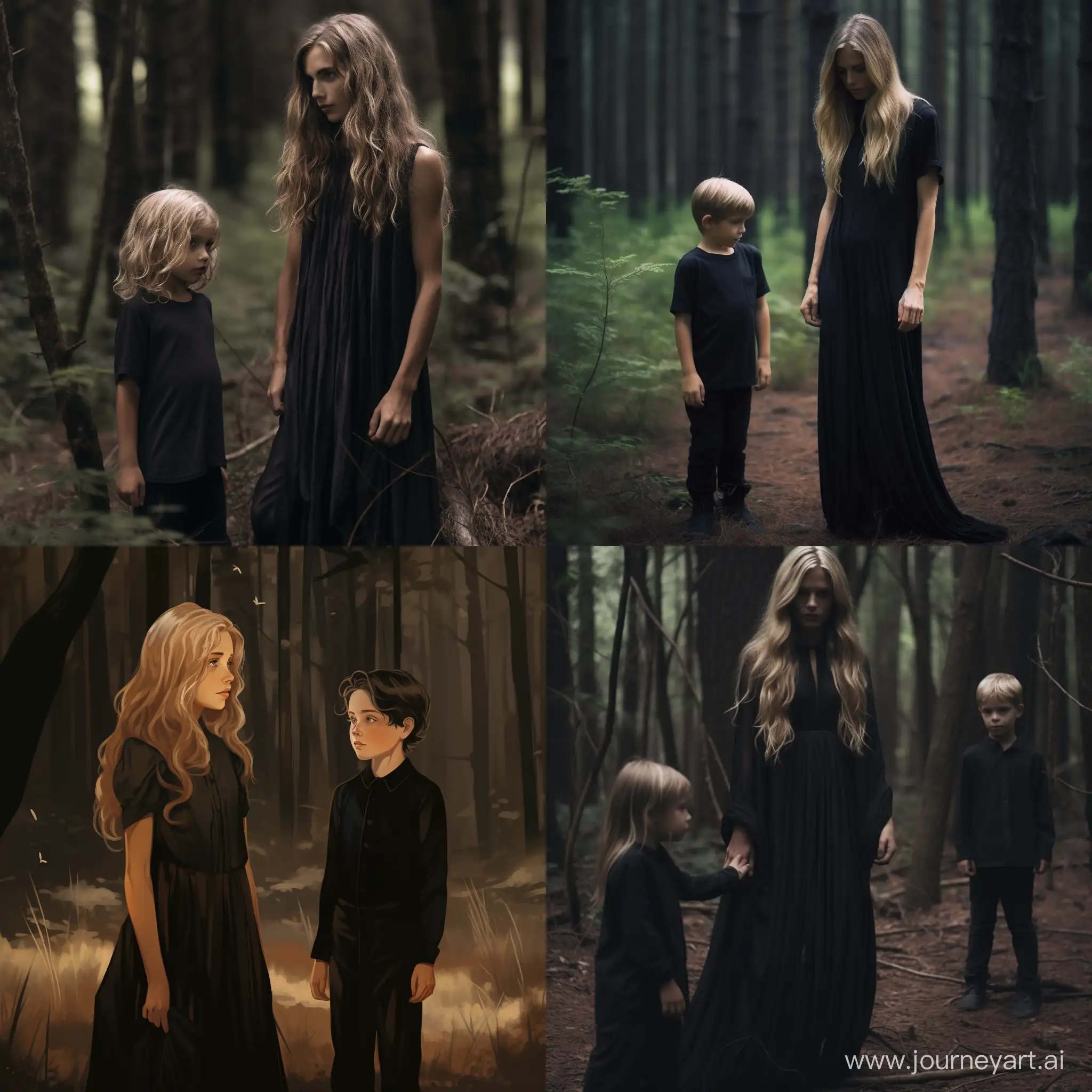 Девушка взрослая с длинными блондинистыми волосами и черным платьем стоит в лесум, рядом с ней маленький мальчик у которого темные волосы 