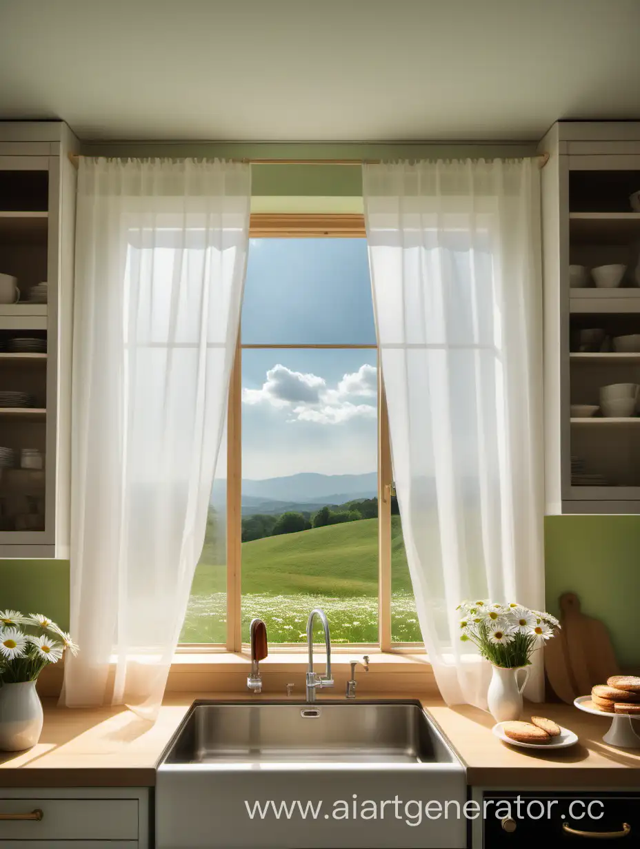 In the kitchen, a large window bathes the room in gentle light, revealing a picturesque view of a serene green hill and a calm sky with a few fluffy clouds. The kitchen cabinet and sink are positioned in front of the window, while a dining table adorned with daisies sits in the center, set for a delightful lunch featuring bread, butter, tea, and biscuits. The ambiance is further enhanced by the soft glow passing through a white mesh curtain, creating a truly pleasant atmosphere.