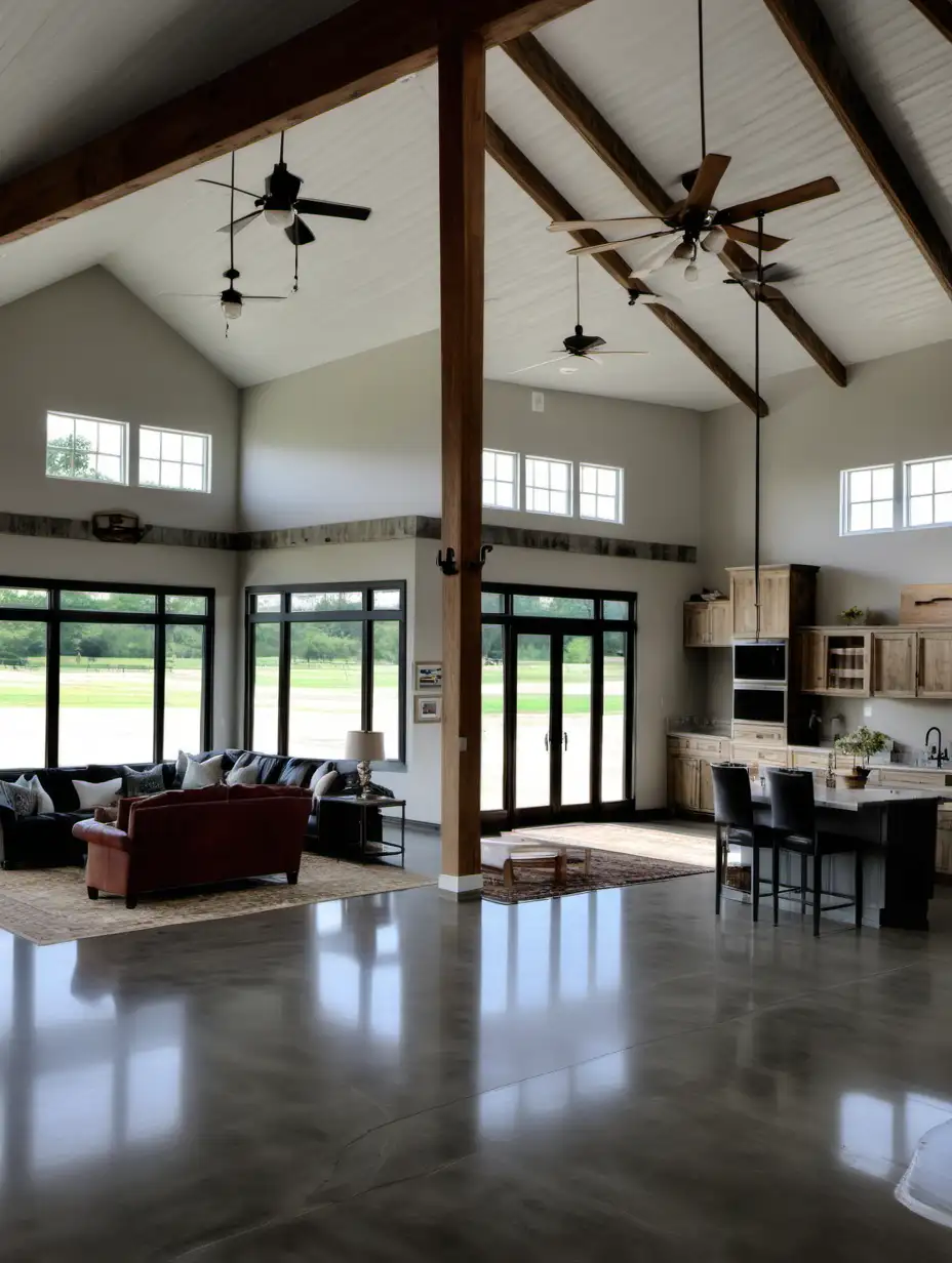 barndominium home concrete floor and farmhouse look with kitchen and living room
