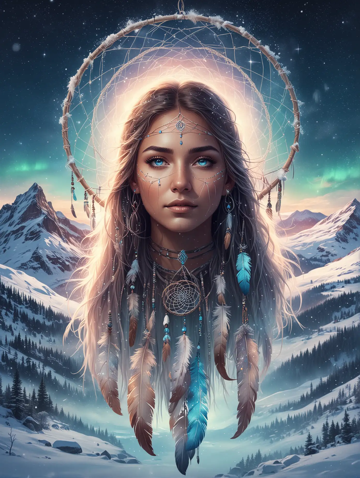 Illustration of a dreamcatcher, there's a native woman with bright blue eyes, snowy mountain, aurora borealis, overlay, double exposure