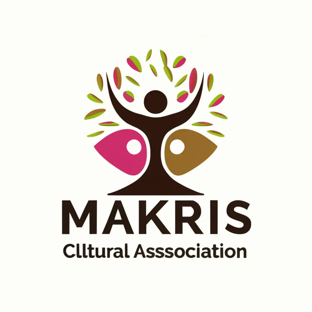 a logo design,with the text "Cultural Association Makris", main symbol:Pistachio tree people arts pink brown green,complex,clear background