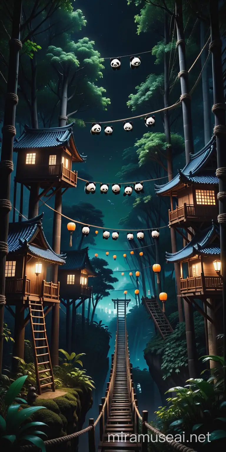 Dark Night View Pandas Climbing Ropes and Ladders Through Forest of Houses