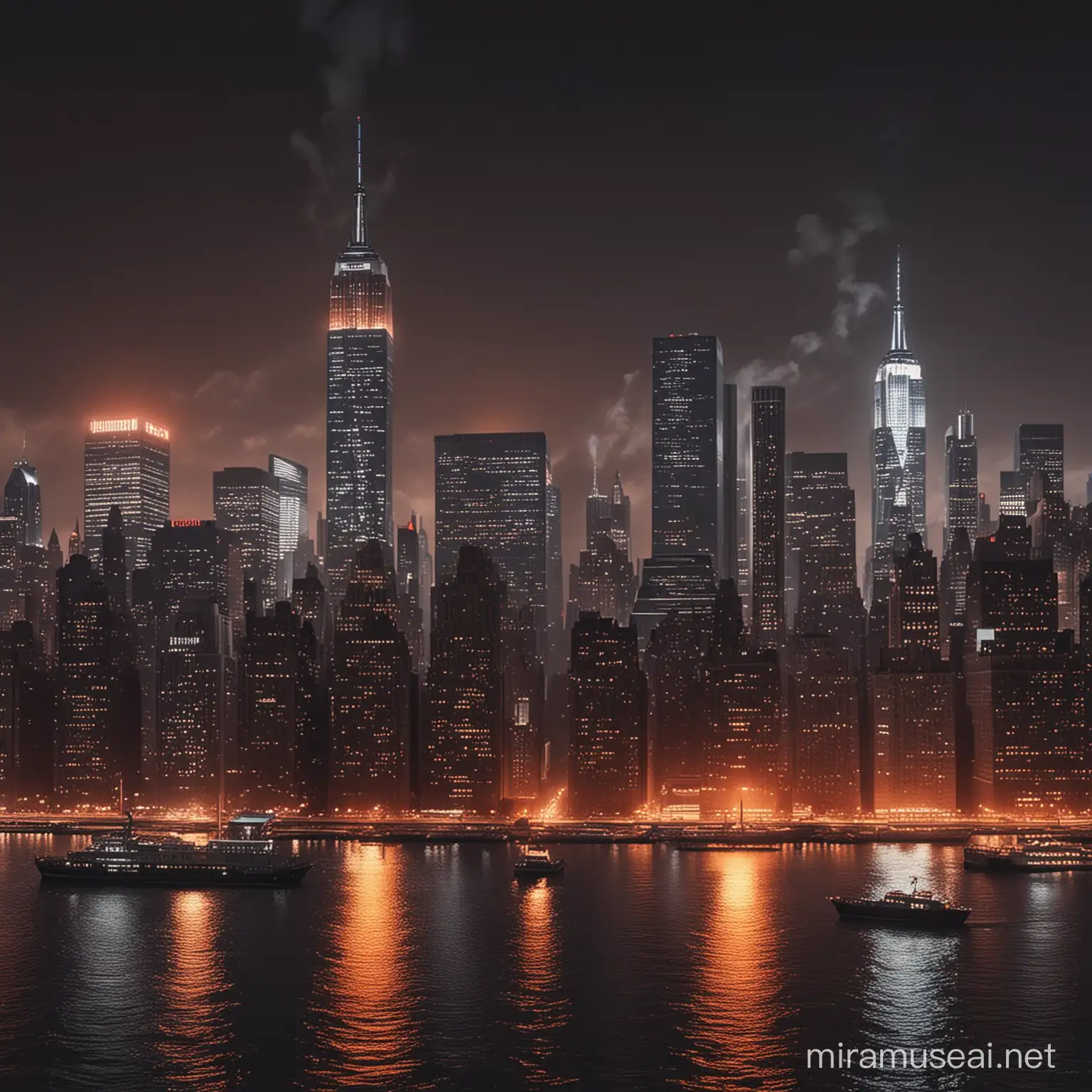 Vibrant Fiery New York City Skyline at Night Ultra Realistic Cinematic View