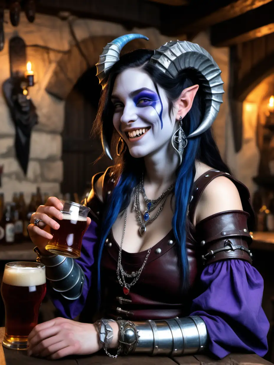 purple skinned teifling nonbinary girl sitting in a medieval tavern drinking a glass of ale, he face is swept back in a hearty laugh, long black hair with a silver stripe flows down their back with blue horns topped with silver metal jewelry