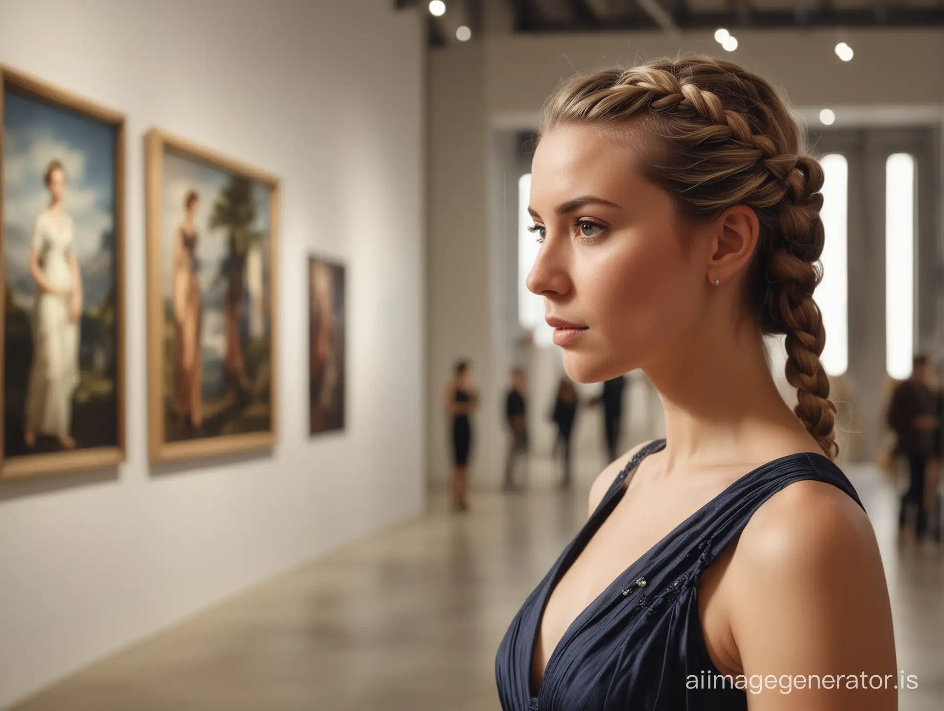 A detailed three-quarter photograph of a beautiful woman with braided hair and attentive gaze in an evening dress, turning her head in front in a modern exhibition hall against the background of an exhibition of landscapes. Soft, even, low-contrast light. Format 4:3
