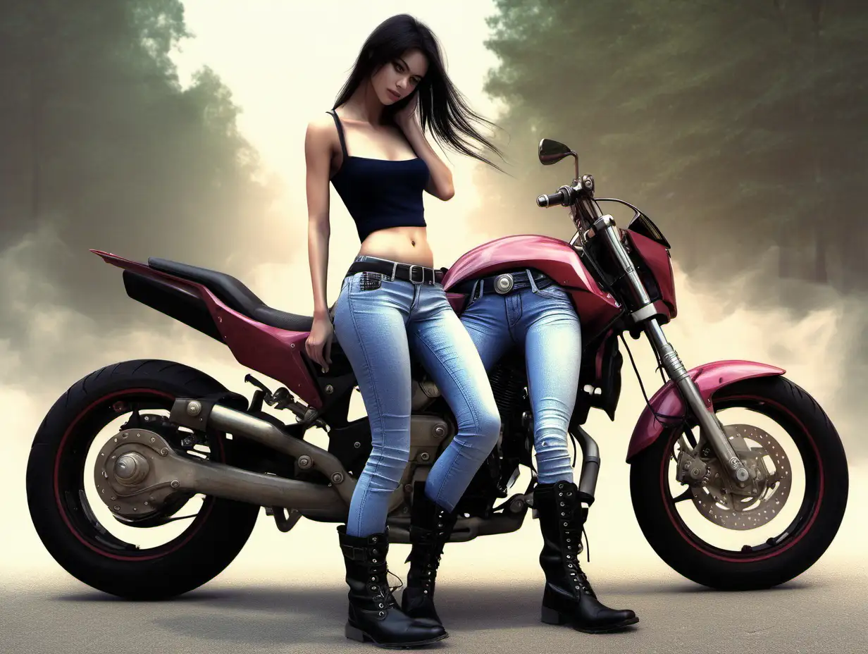 moto avec fille, imaginaire, bottes ,crop top, jean , petit sein
