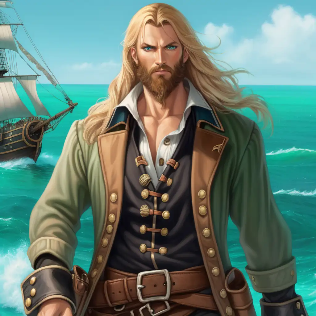 2 meter tall 35 year old male human pirate with long blonde hair and short full beard. he has light blue eyes, tan, soft skin, sharp facial features and an athletic body. He is wearing a black buttoned down shirt, loose brown pants and an emerald green officer coat with white lining. full body picture by the sea

