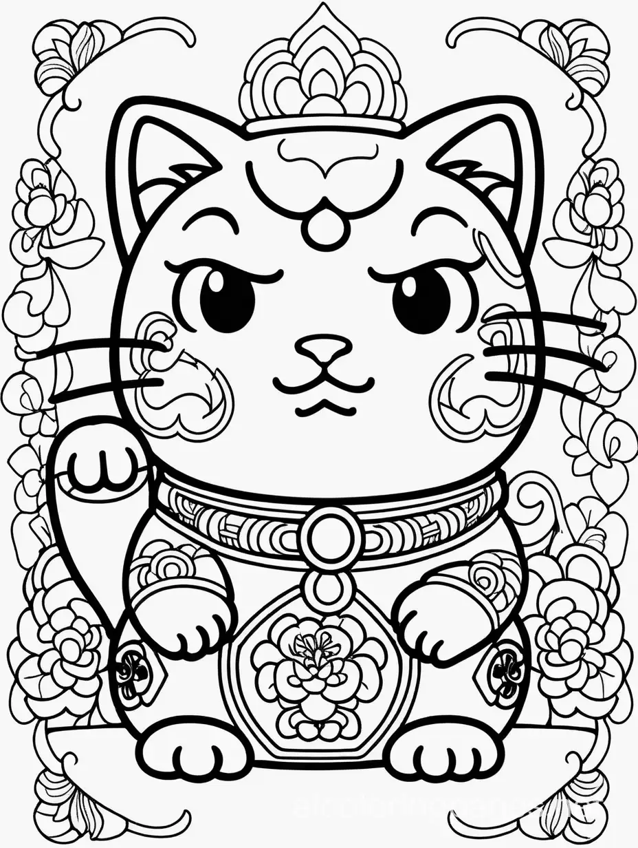 "Anime Japanese lucky cat
, Coloring Page, black and white, line art, white background, Simplicity, Ample White Space. The background of the coloring page is plain white to make it easy for young children to color within the lines. The outlines of all the subjects are easy to distinguish, making it simple for kids to color without too much difficulty"
