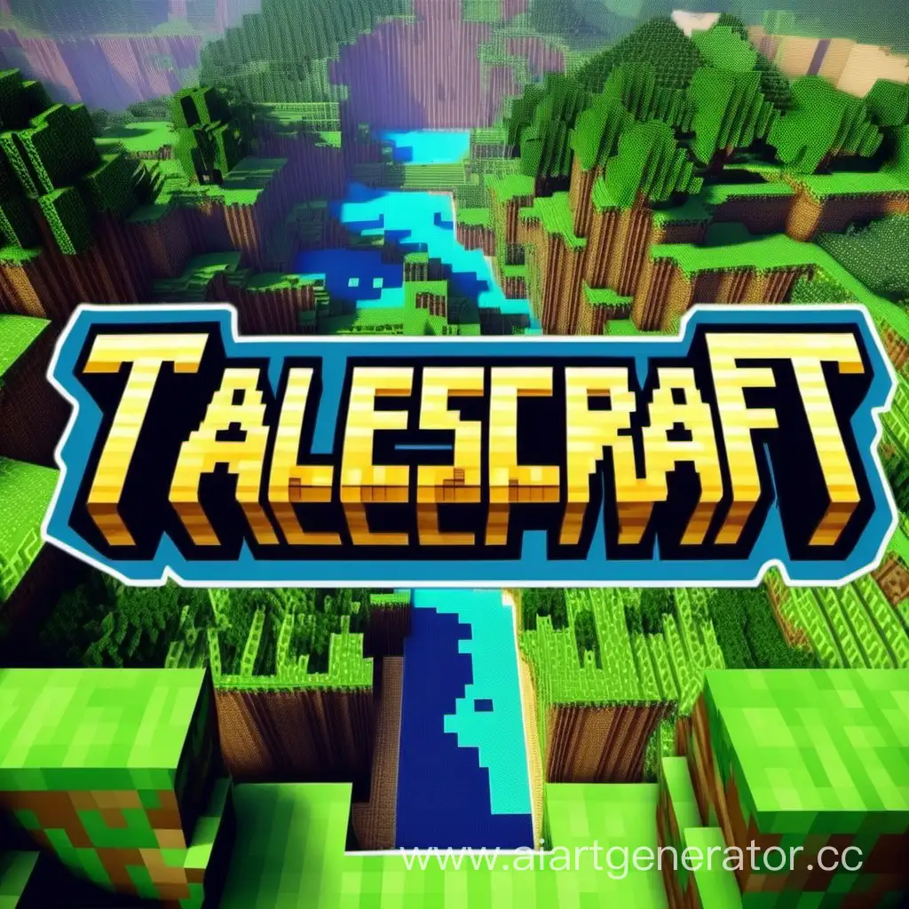 Летний пейзаж в Майнкрафте с надписью TalesCraft

