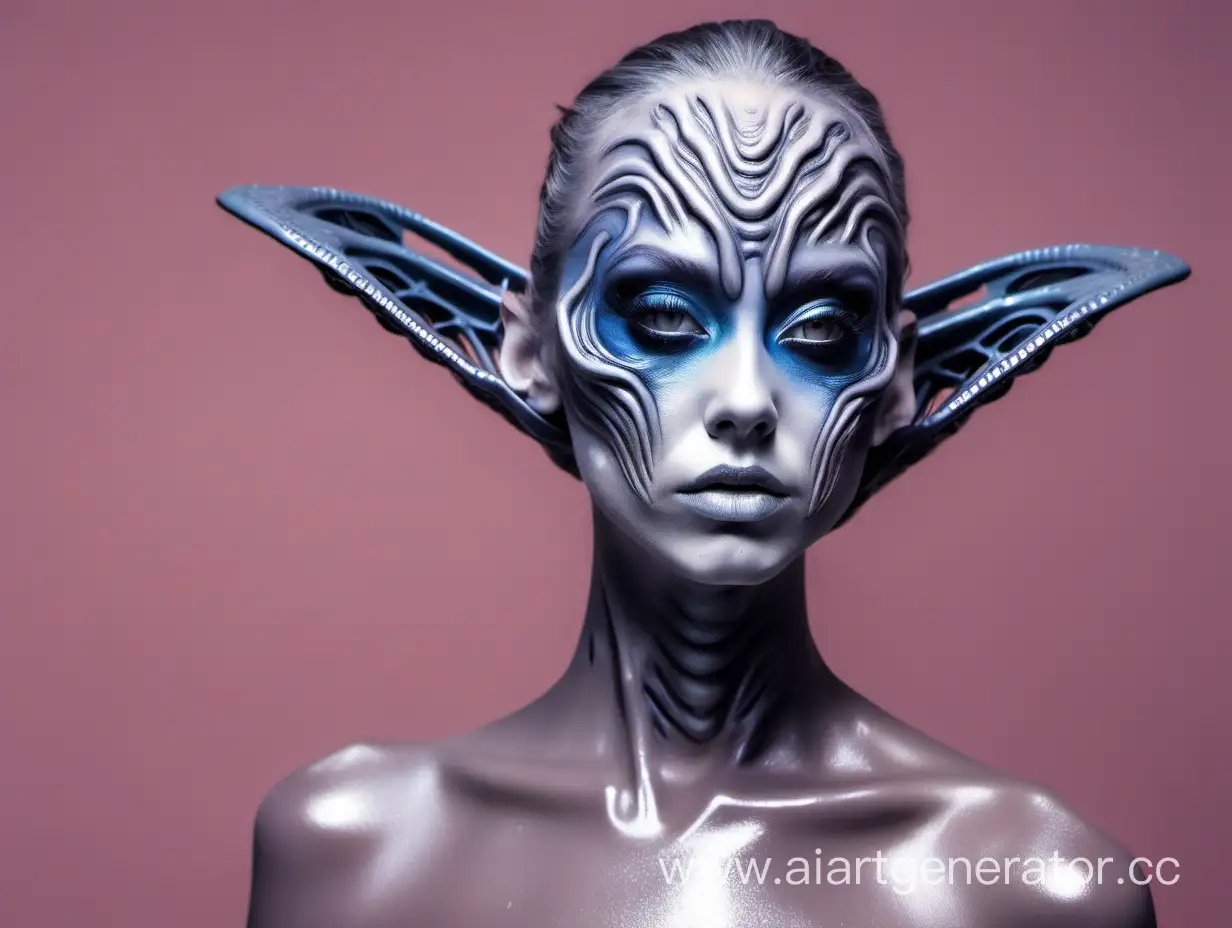 the girl turns into an alien with the help of makeup artists and plastic makeup