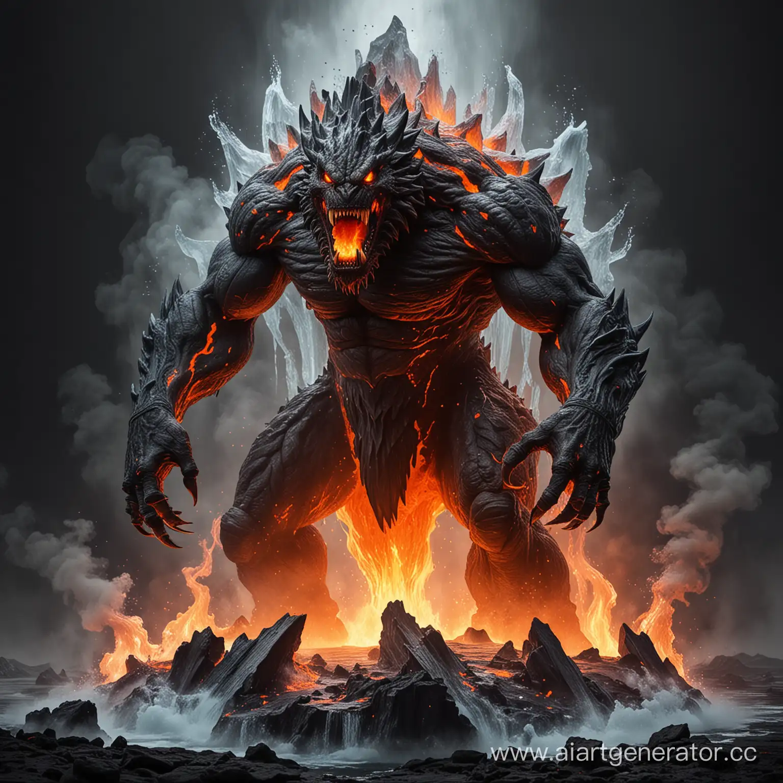 A scary big monster that is half lava and half ice without background