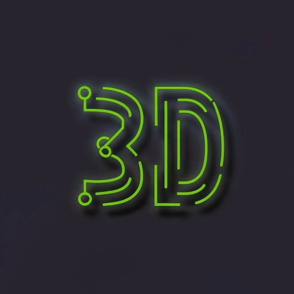 a logo design,with the text "3D", main symbol:3D, neon light green text,Minimalistic,be used in Entertainment industry,clear background, Change background to darker and add large light green shadows to the text. Make text size a little bit bigger