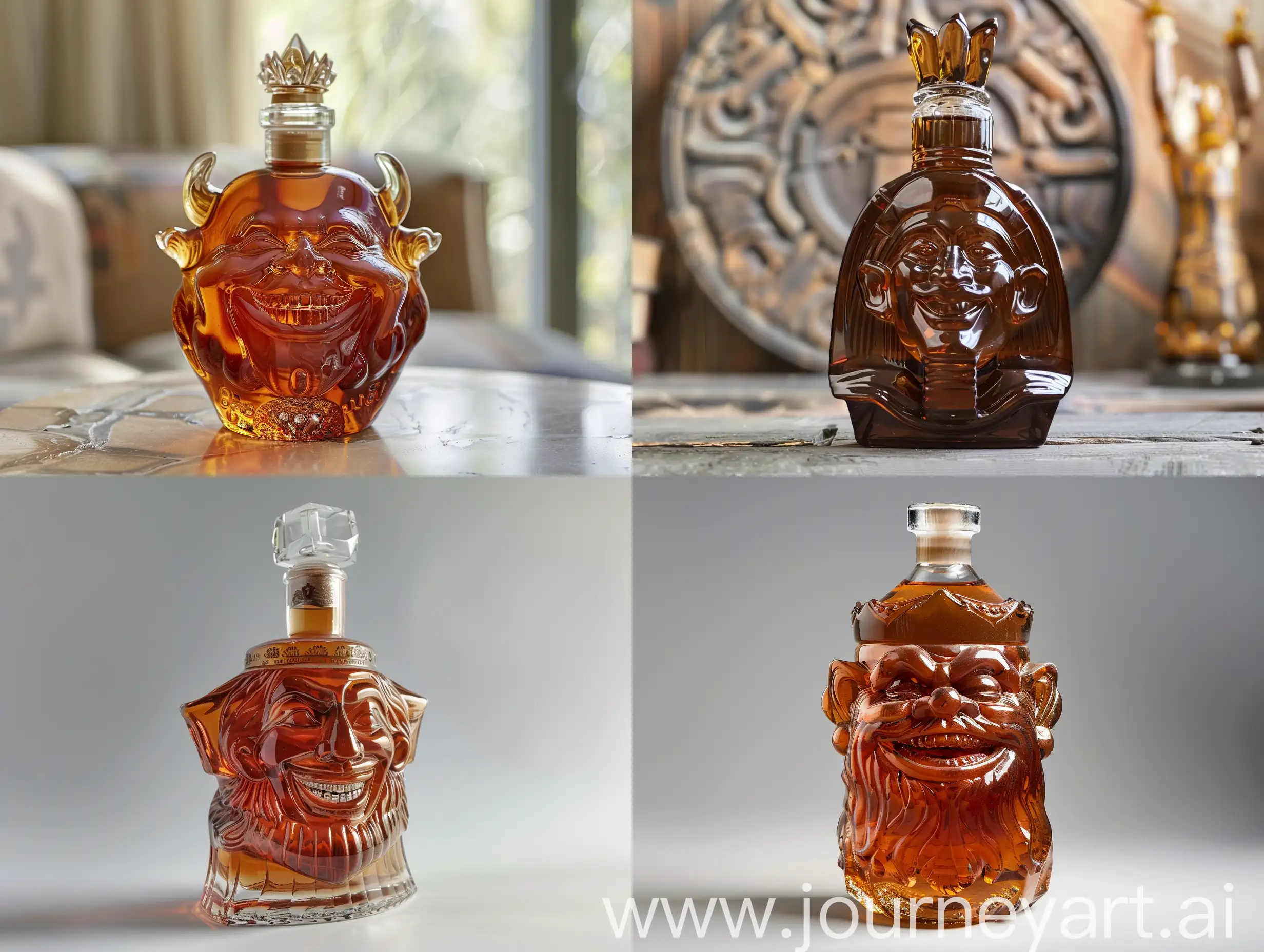 A bottle of cognac, in the form of an ancient, smiling king, glass sculpture style