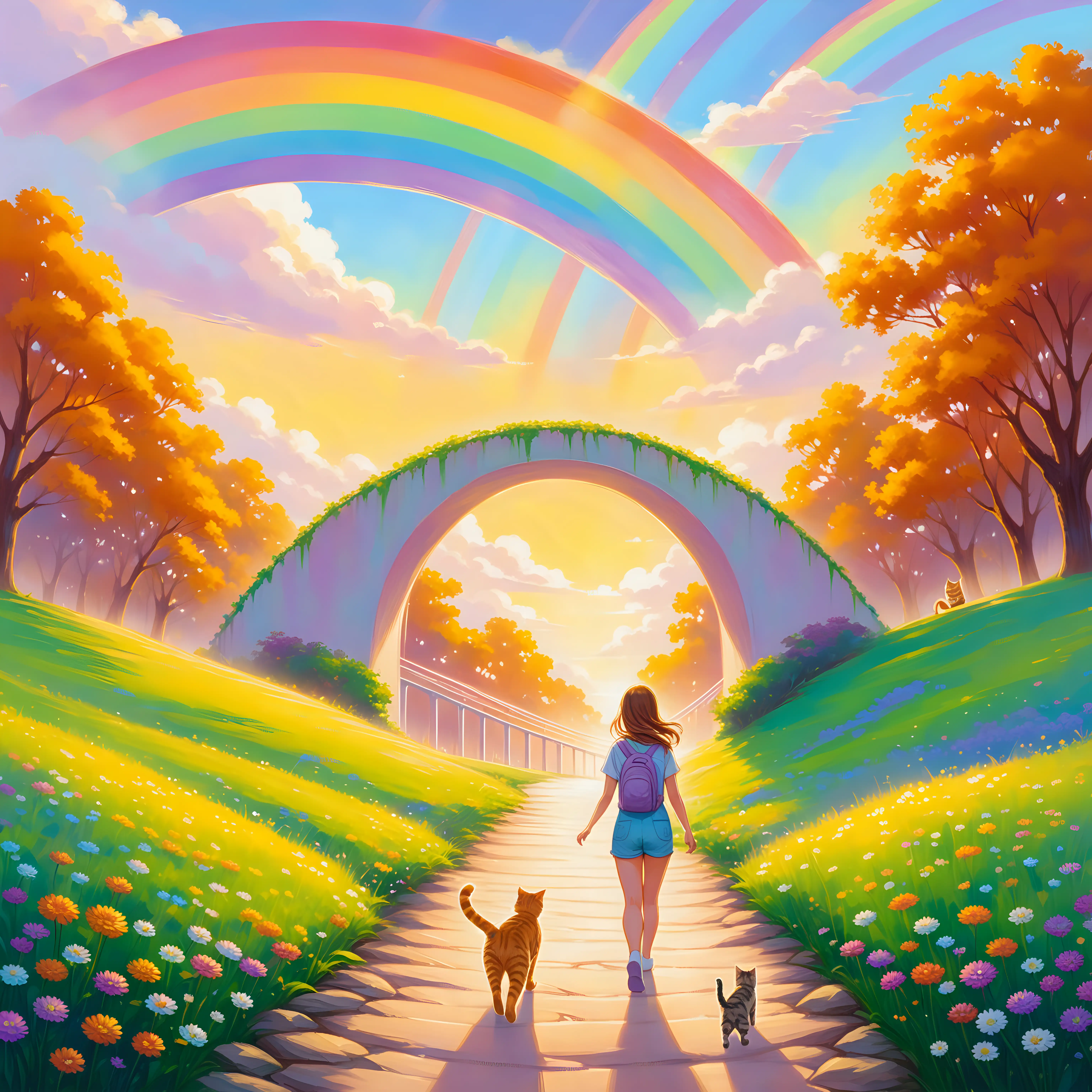 a cartoon oil painting of a young woman walking towards a rainbow bridge with a tabby coloured cat walking alongside her