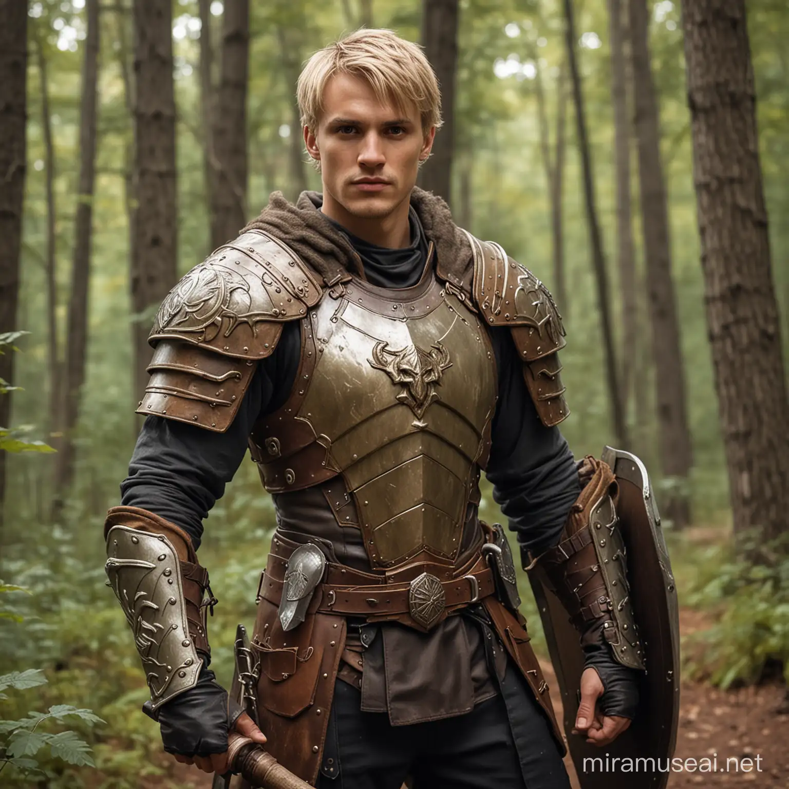 Man Cleric medic Leather armor druid dirty blonde short hair brown eyes Skinny with Shield and mace at side in forest background