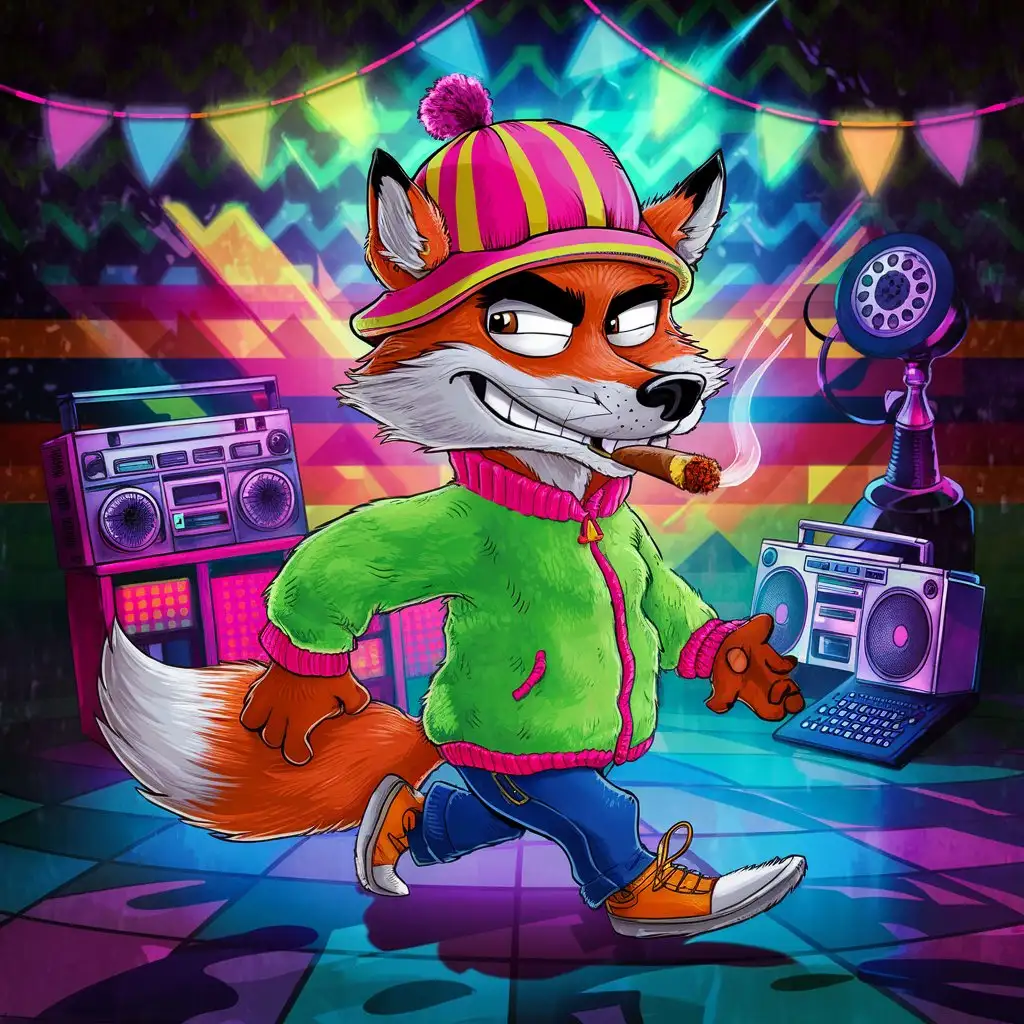 I'm creating a post for my instagram page. What you need to do is create an image of a fox dressed in 80's fleeces with a hat on his head and a cigar. I want everything to be quite colorful but at the same time slightly dark. The fox must be moving and must be cartoonized. Use 80s colors