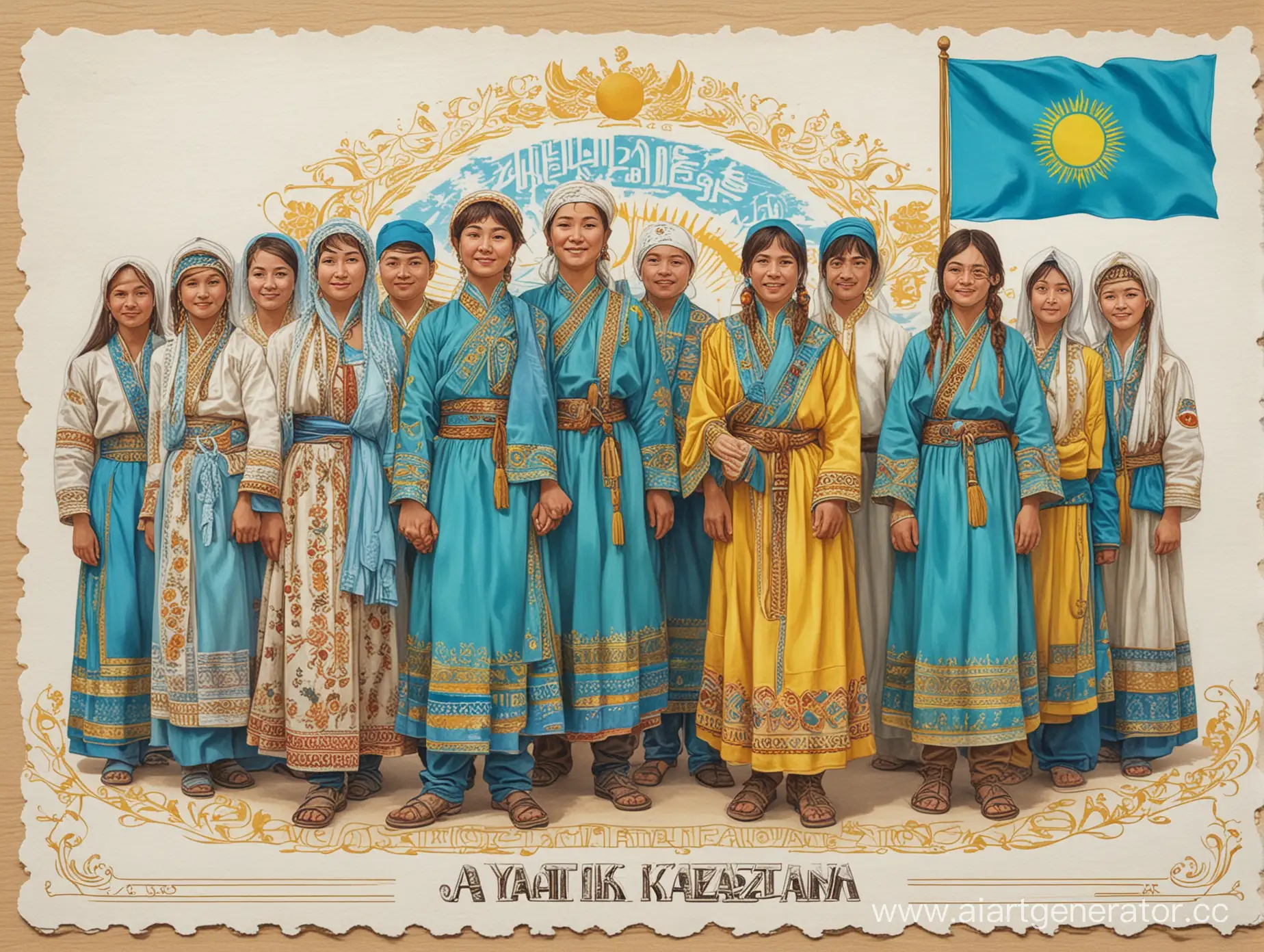 a postcard in honor of the holiday "Day of Unity of the peoples of Kazakhstan". the postcard depicts people in national clothes of different nations, as well as the flag of the Republic of Kazakhstan, the inscription "May 1" and "happy Unity Day of the peoples of Kazakhstan" on the postcard, the postcard is made in blue tones, using yellow and white contours, the postcard symbolizes the Unity of peoples living in Kazakhstan, reflects the unity of peoples and nations living in Kazakhstan, made in a realistic style, catches the eye