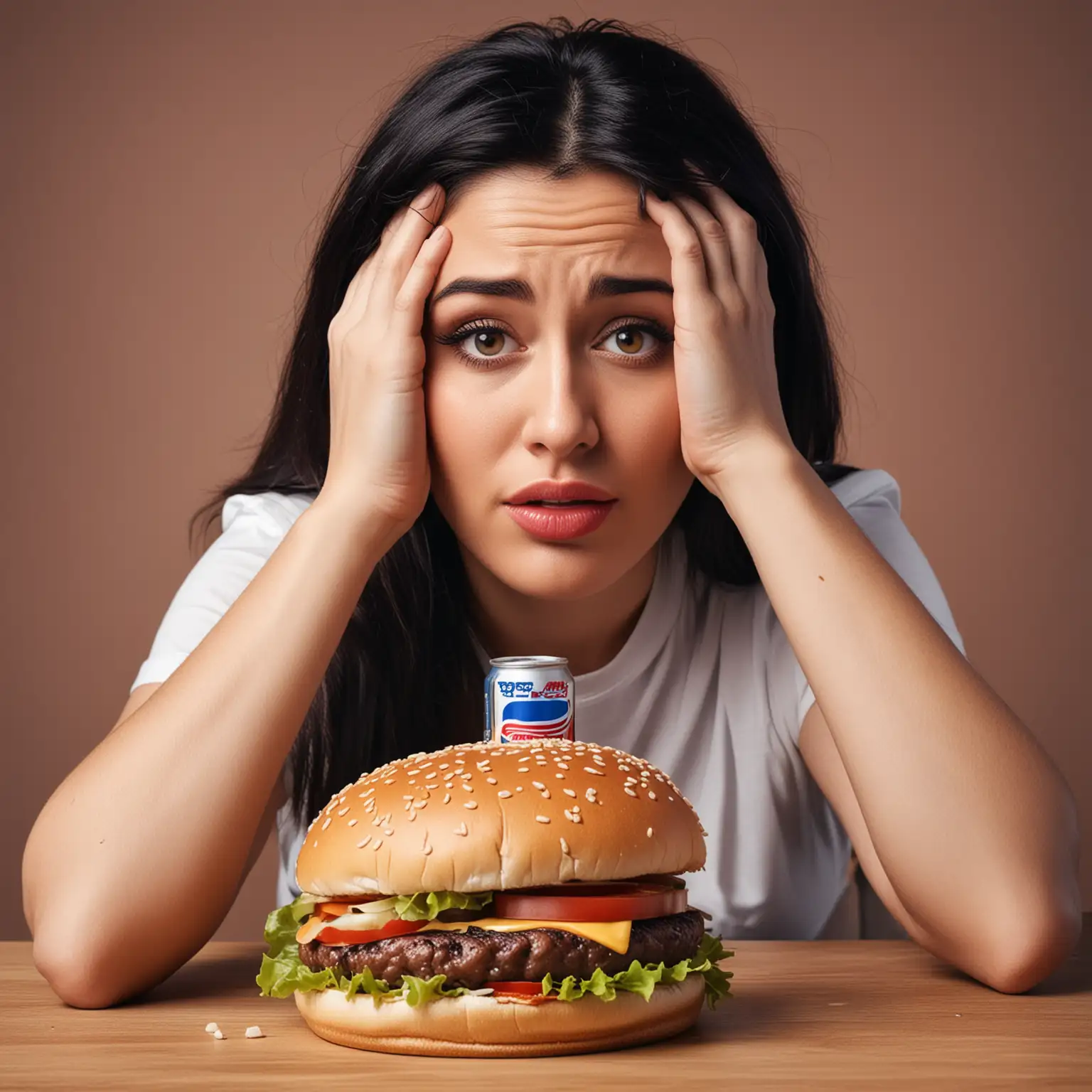  На фотографии женщина с грустным выражением лица смотрит на большой аппетитный гамбургер и бутылку Пепси, лежащие перед ней.


