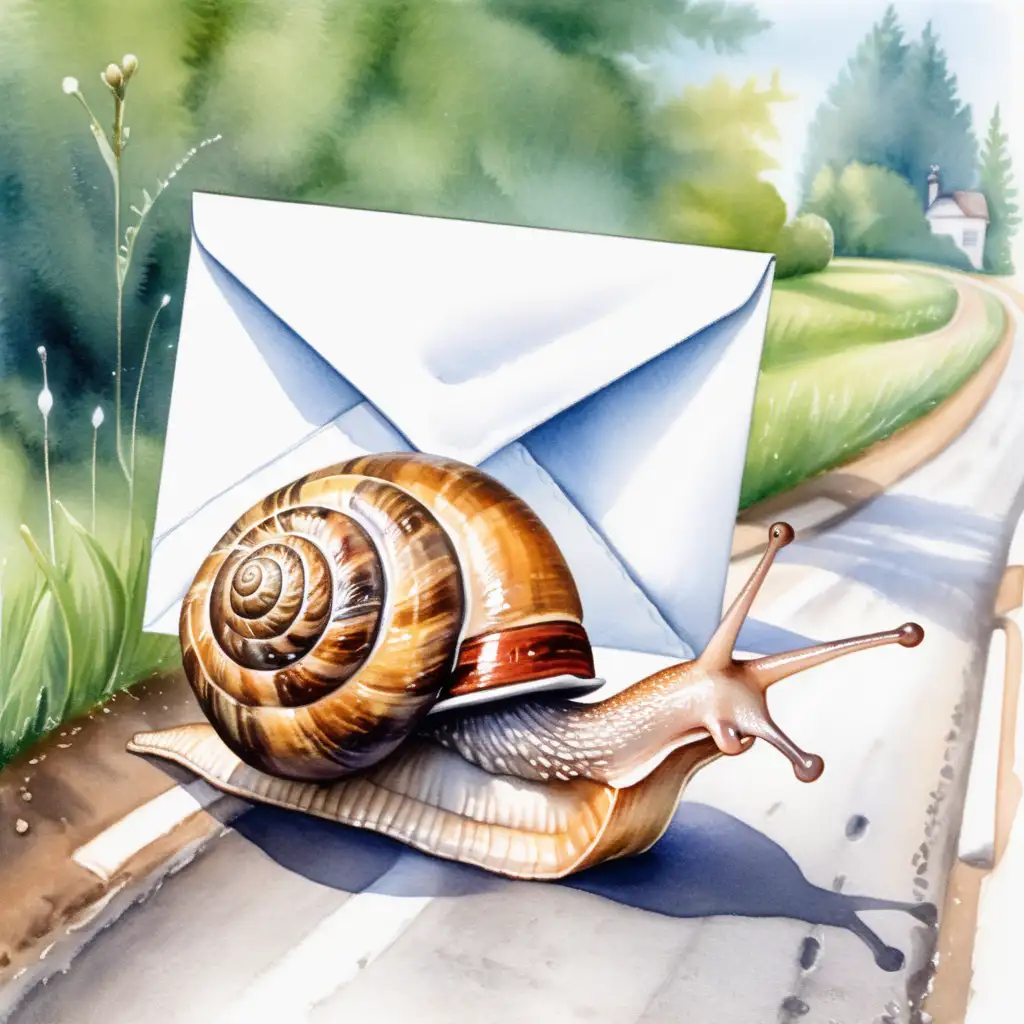 Watercolor Painting of Snail Delivering Letter to Mailbox