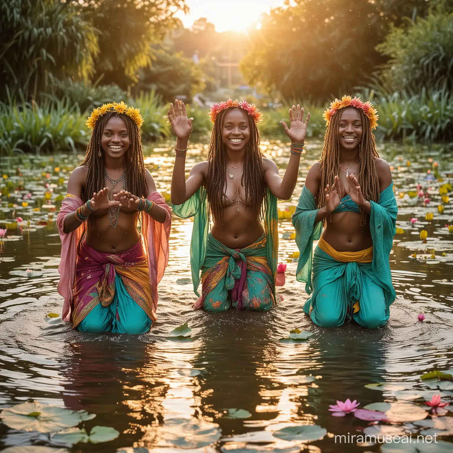 3 women from cameroon squatting inside high water, beating on the water surface with bare hands, no drums. water is splashing,  performing dynamic and active, asymmetric, looking into to different directions, they are slim and extra tall, long dreadlocks, smiling inside, open hair style, benares court mughal scenario, river ghats with water lilies an lotus, turquoise, magenta, yellow, green, white, fingers and hands in realistic position, background blurred and in multiple colors wearing of heavily, psychedelic, pastel colors, sunrise.
