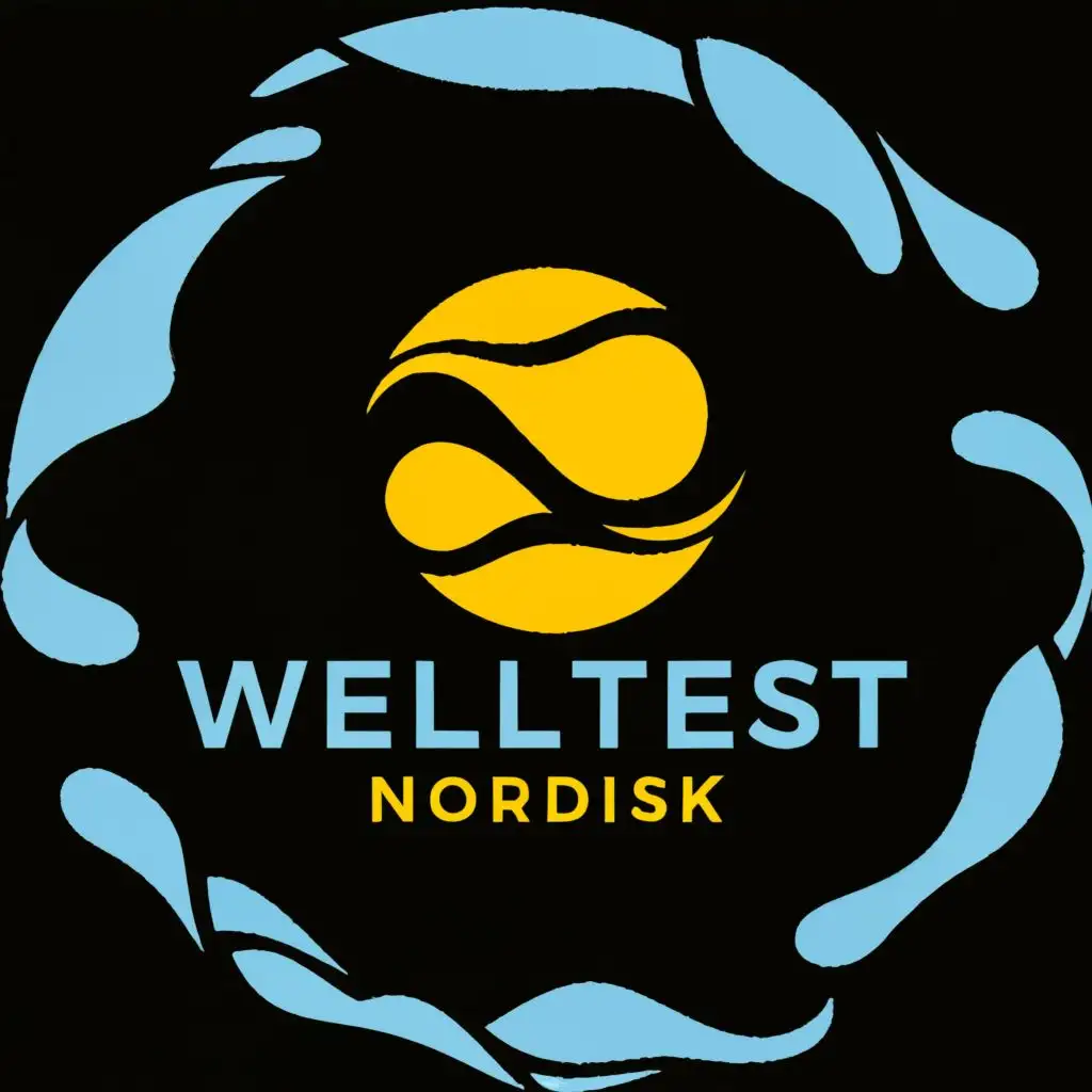 logo, A yellow amber discus inside a blue wave, with the text "WellTest Nordisk", typography, be used in Technology industry