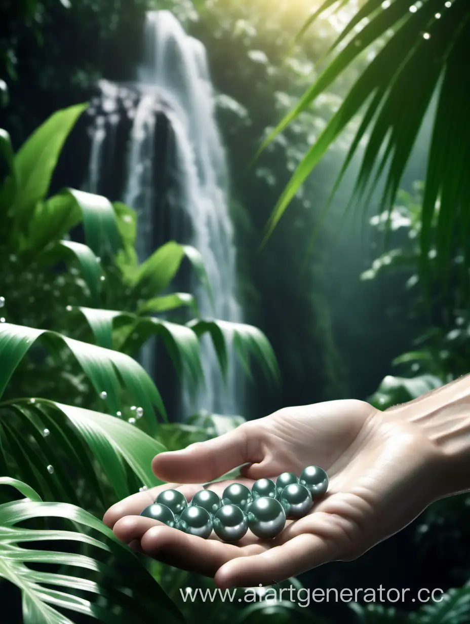 Serene-Waterfall-Scene-with-Enchanting-Pearl-on-Palms