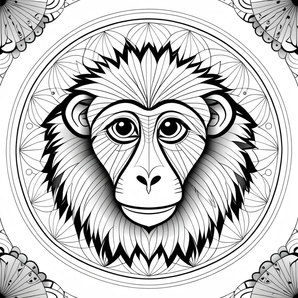 Black and white full page mandala coloring page for adults, cute face Baboon, radial, full page with no borders, symmetrical, simple, geometric, abstract pattern, interlocking circles, shapes with black lines, printable outlined art, thin lines, no shades, crisp lines --style 4b --v4-, white background