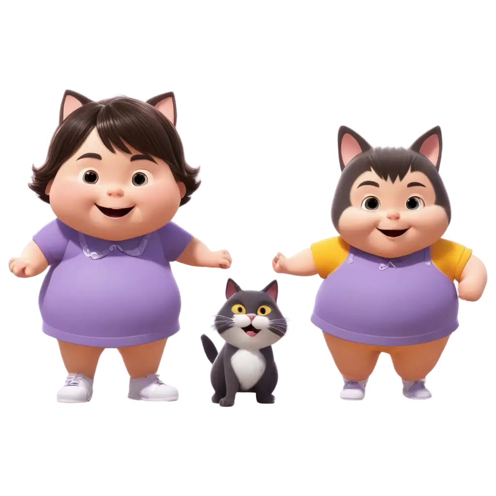Cartoon fat boy and girl wearing purple dress with cat playing in the park