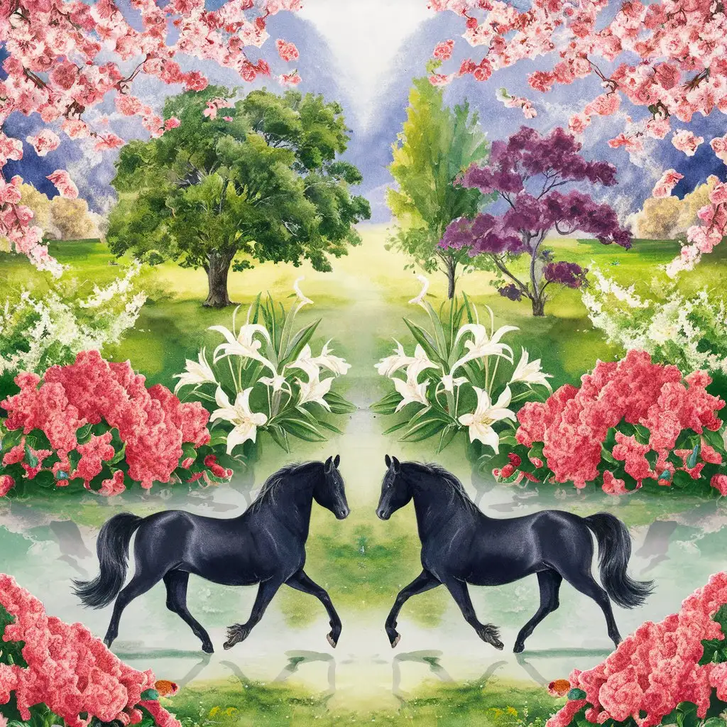 A beautiful and harmonic valley with blooming cherry trees, white lilies, an oak, chestnut trees and rhododendron bushes, two black horses are moving symmetrical , detailed, vivid colors, watercolors, hilma af klint style 
