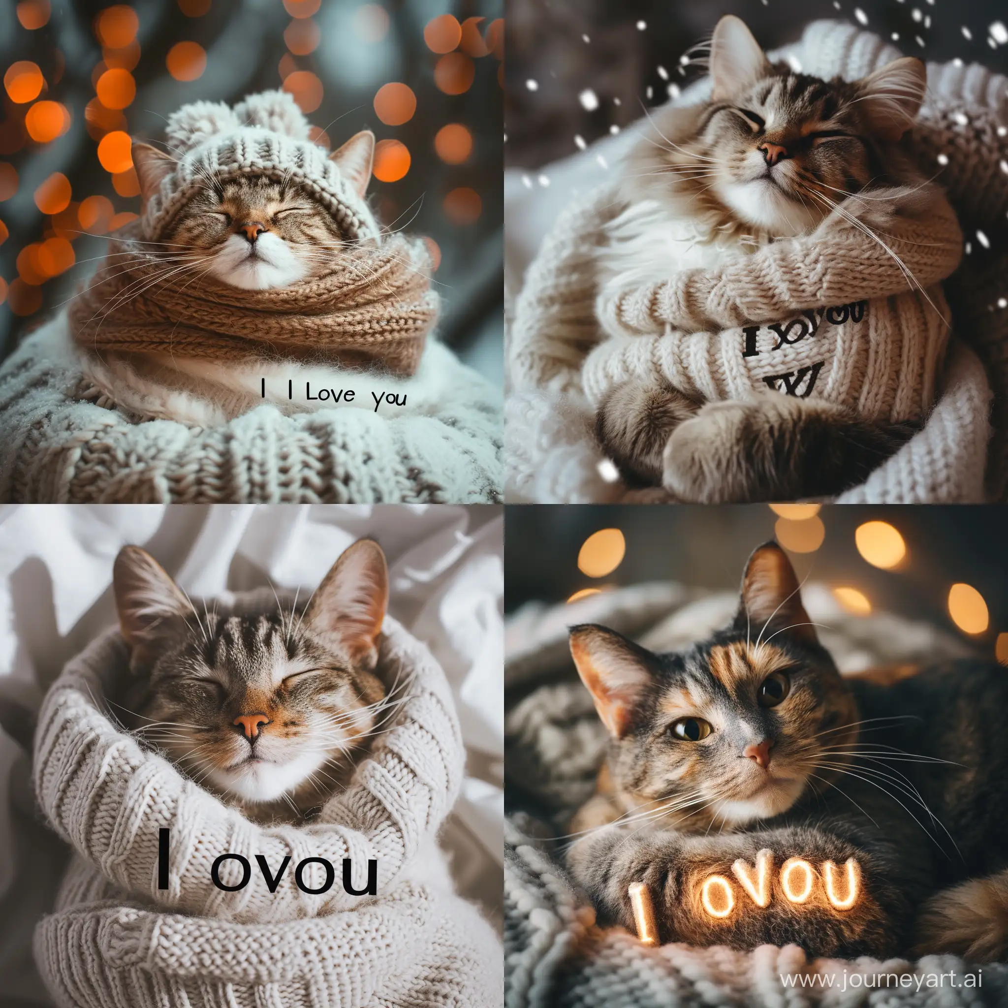 cat with text "I love you", 4k photo, winter, cozy, happy