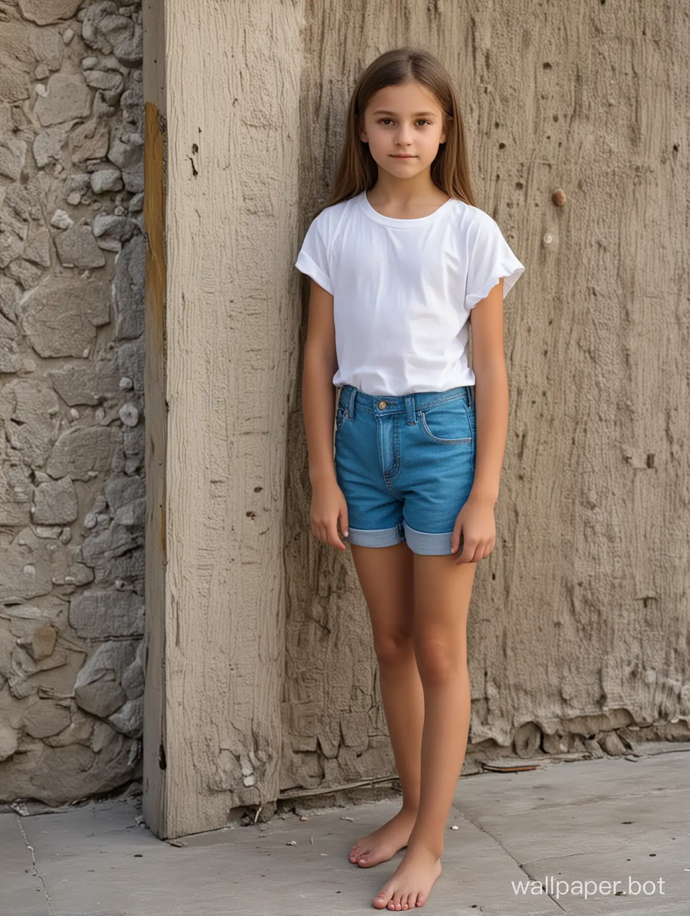 An 11-year-old girl poses for an artist, Crimea, full-length, shorts