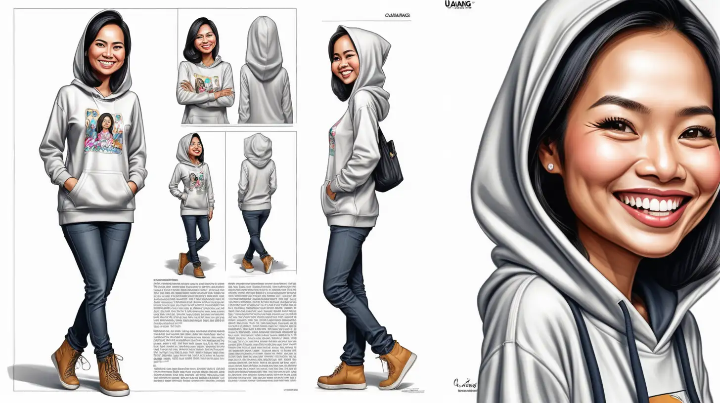 Full of body, caricature style majalah ujang, caricature of malay woman age 35 beautiful Smile she is wearing casual hoodies, with long pant, boot cut shoes,her background pavillion mall in Kuala Lumpur