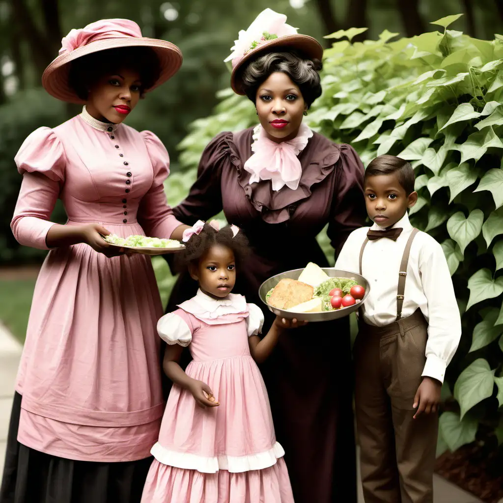 create  image of  an ELEGANT 40 YEAR OLD 
BLACK WOMAN from 1908 giving food to a young boy and girl. Use some hints of pink and green. include ivy
