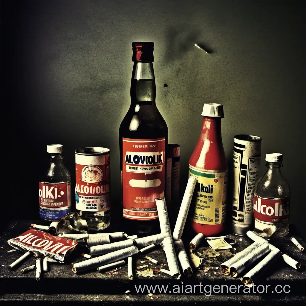 Обложка группы: алковолки. На обложке  натюрморт  алкоголь сигареты презервативы наркотики в грязной комнате 