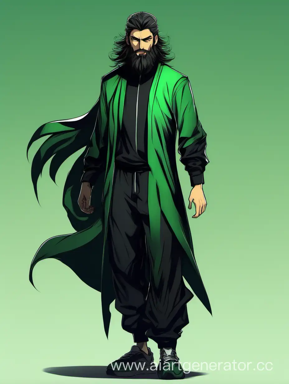 референс в  стиле магической битвы араб с растрепанной бородой, зелеными глазами в черном спортивном костюме в полный рост
