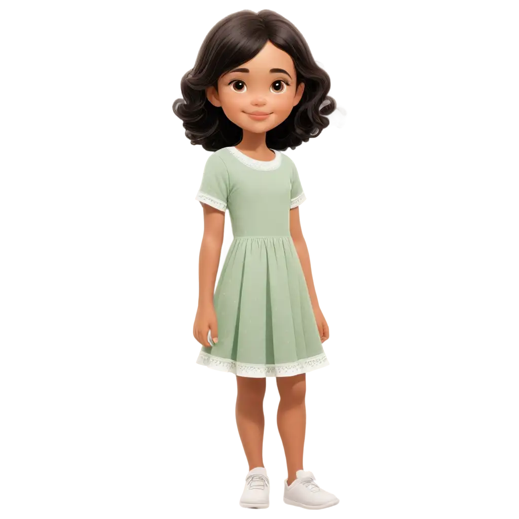 Cartoon for kids book of a beautiful little girl with black hair and light brown eyes, light skin, innocent looking, wearing a dress and no shoes, her dress looks like from 70"s. The style of the drawing is cartoon. She is looking away. Make her completion lighter.
