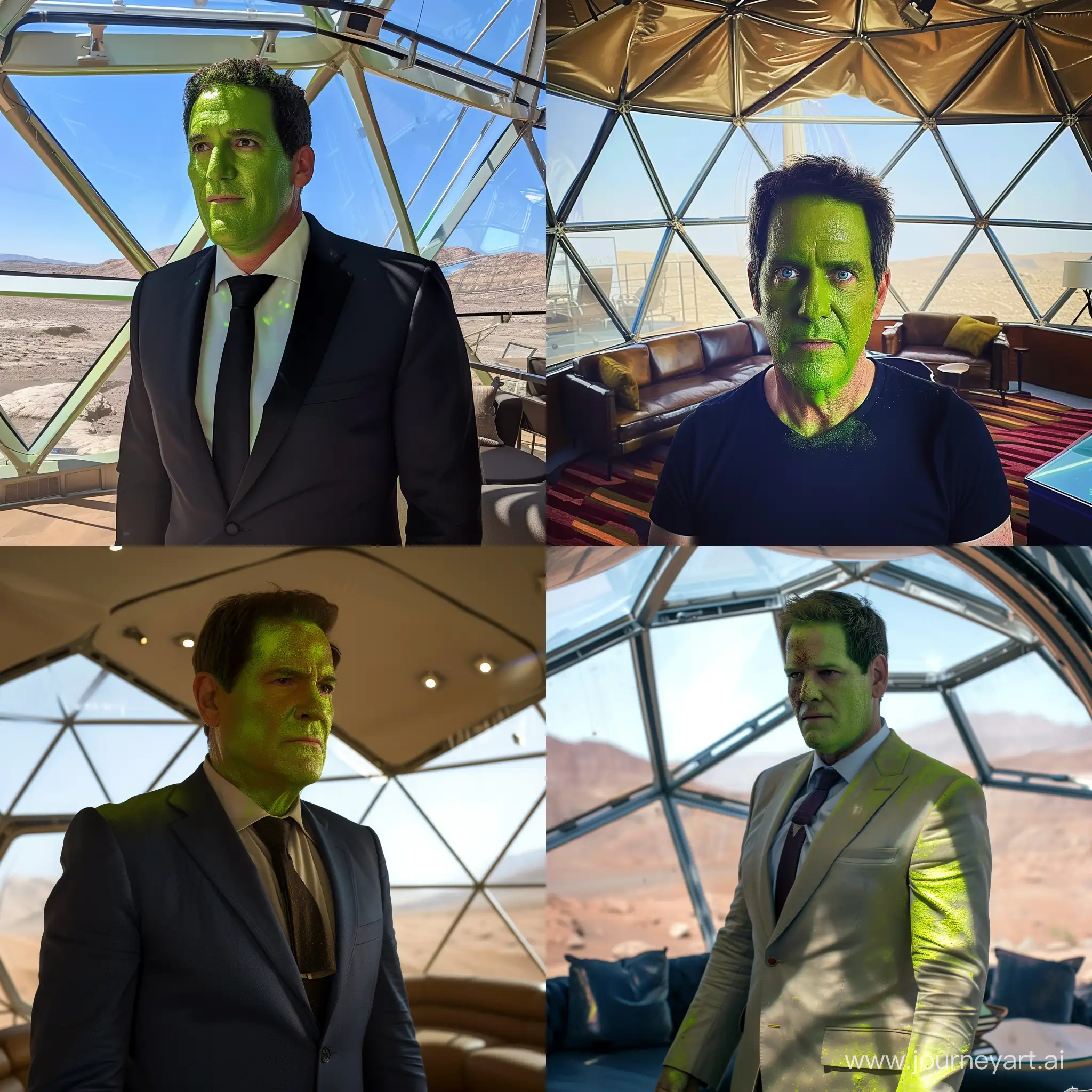 Mark Cuban looking woozy with bright green skin, standing inside an executive lounge in a glass dome on mars.