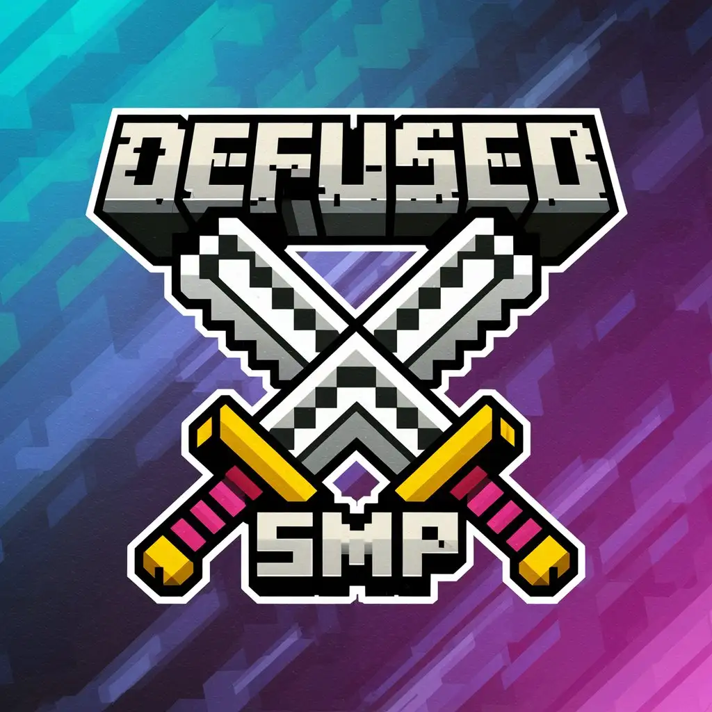 make a minecraft logo included swords with text 'defused smp'