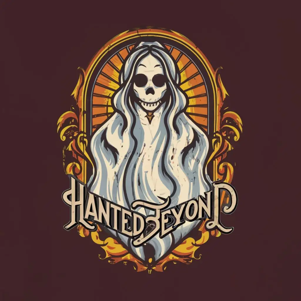logo, Ghost long hair lady, with the text "HauntedBeyond", typography