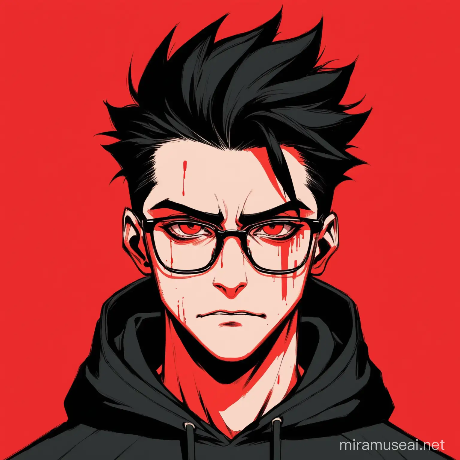 cool,hacker,black hoodie,quiff hairs,glasses,oblong face shape,big nose,small mouth,handsome,aesthetic,psycho,red background,face with blood