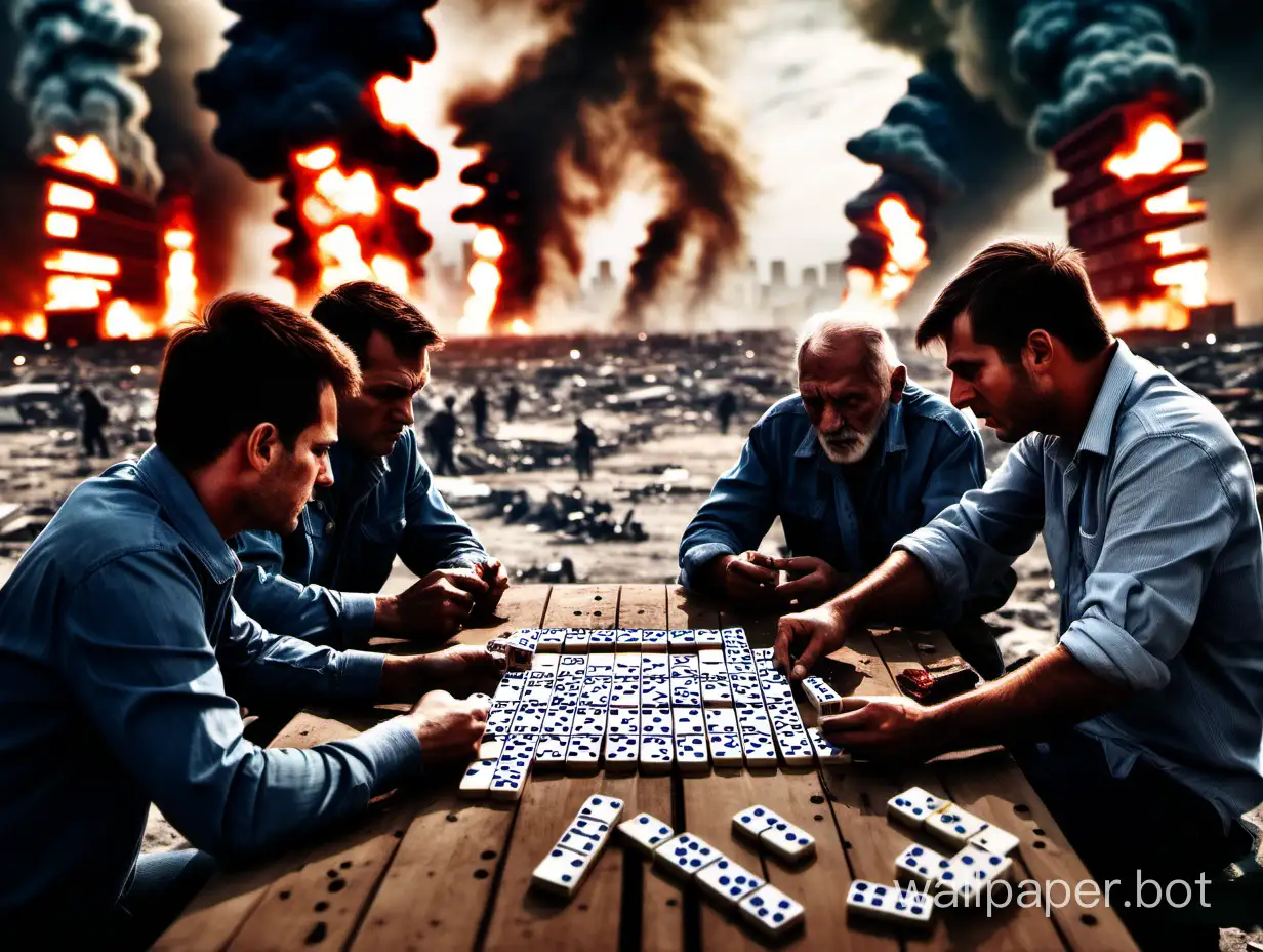 Men are playing dominoes, against the backdrop of apocalypse, explosions, war.